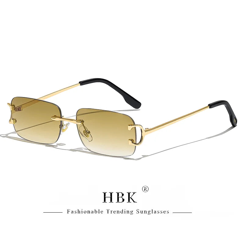 HBK gafas de sol Retro sin montura para mujeres y hombres, montura cuadrada pequeña dorada, diseño de marca, tonos de té, gafas rectangulares UV400 Zonnebril