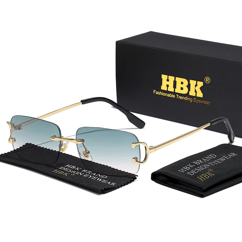 HBK gafas de sol Retro sin montura para mujeres y hombres, montura cuadrada pequeña dorada, diseño de marca, tonos de té, gafas rectangulares UV400 Zonnebril