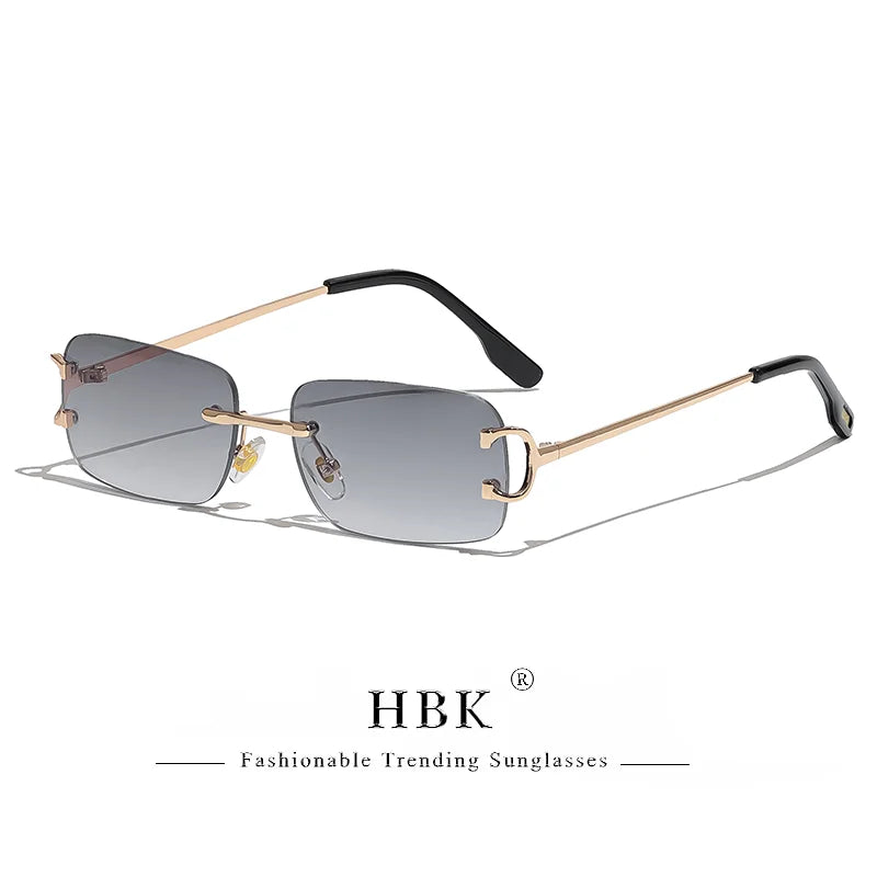 HBK gafas de sol Retro sin montura para mujeres y hombres, montura cuadrada pequeña dorada, diseño de marca, tonos de té, gafas rectangulares UV400 Zonnebril
