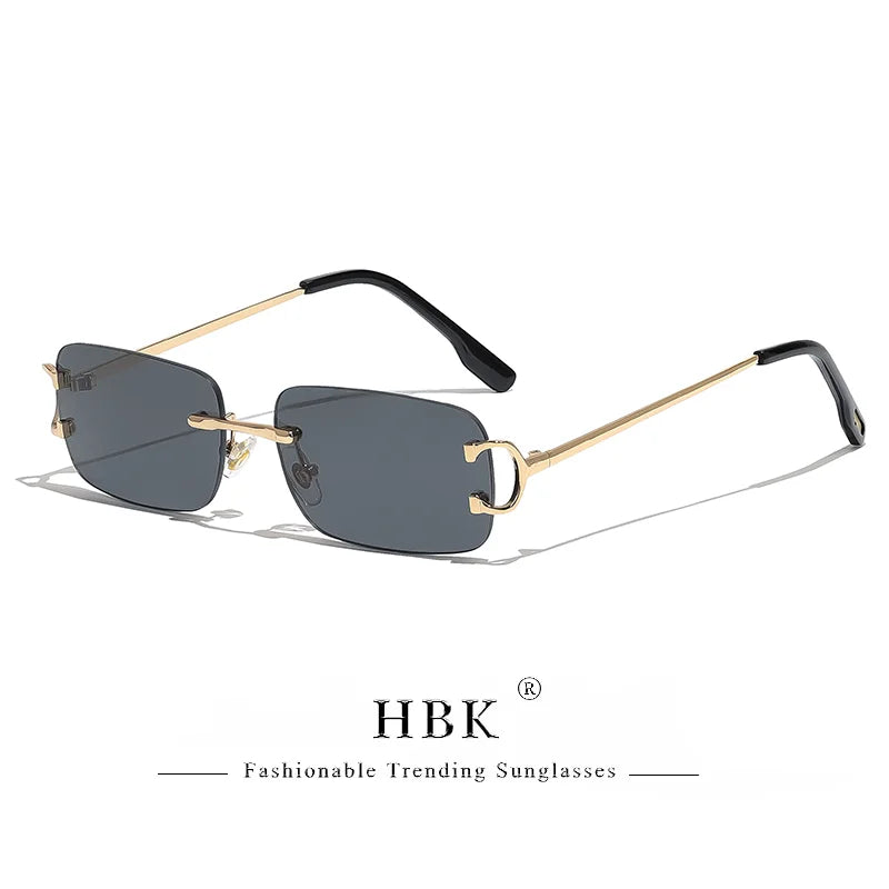 HBK gafas de sol Retro sin montura para mujeres y hombres, montura cuadrada pequeña dorada, diseño de marca, tonos de té, gafas rectangulares UV400 Zonnebril