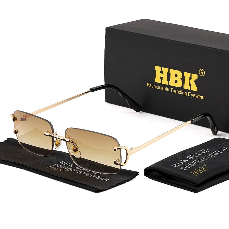 HBK gafas de sol Retro sin montura para mujeres y hombres, montura cuadrada pequeña dorada, diseño de marca, tonos de té, gafas rectangulares UV400 Zonnebril