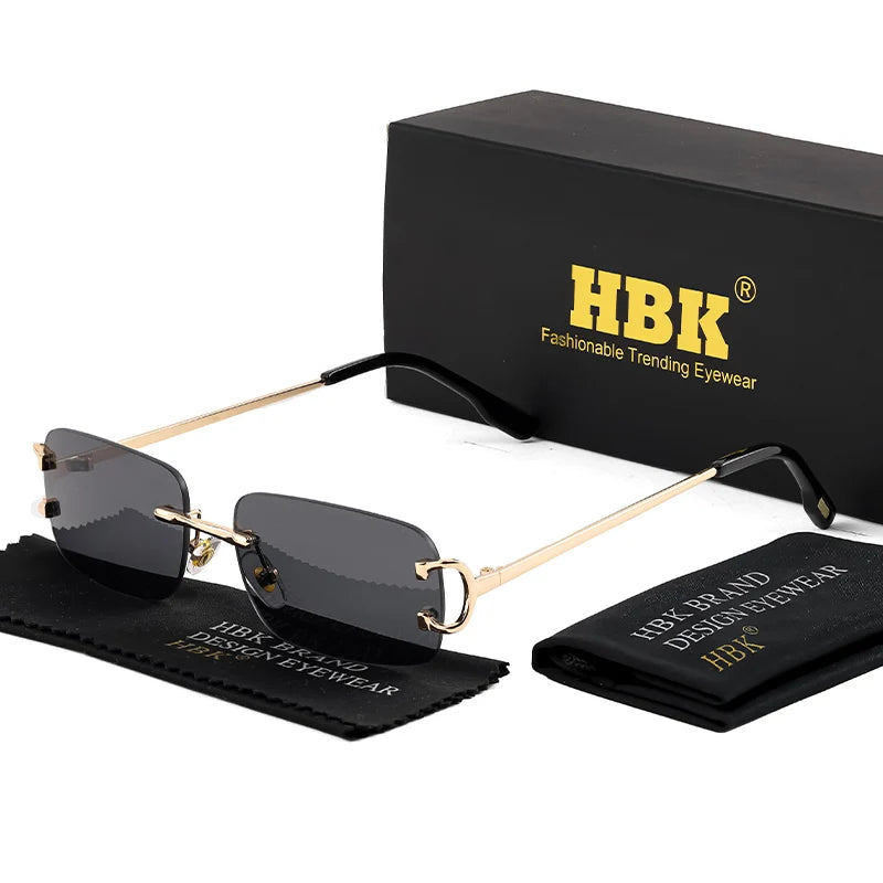 HBK gafas de sol Retro sin montura para mujeres y hombres, montura cuadrada pequeña dorada, diseño de marca, tonos de té, gafas rectangulares UV400 Zonnebril