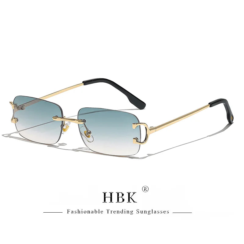 HBK gafas de sol Retro sin montura para mujeres y hombres, montura cuadrada pequeña dorada, diseño de marca, tonos de té, gafas rectangulares UV400 Zonnebril