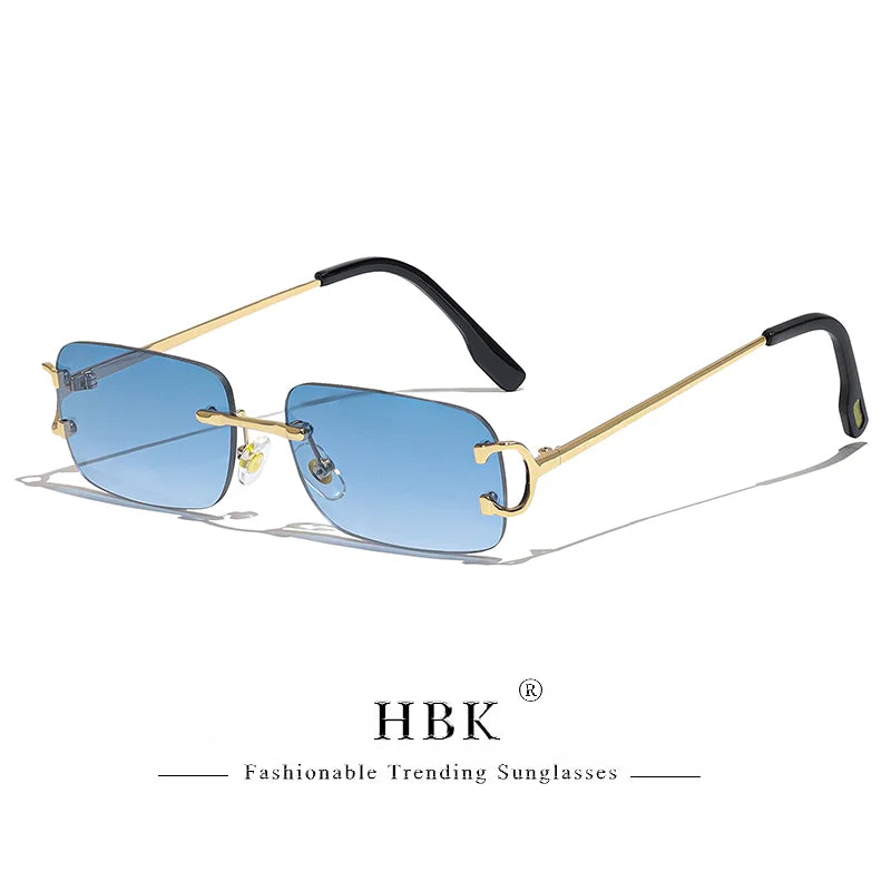 HBK gafas de sol Retro sin montura para mujeres y hombres, montura cuadrada pequeña dorada, diseño de marca, tonos de té, gafas rectangulares UV400 Zonnebril
