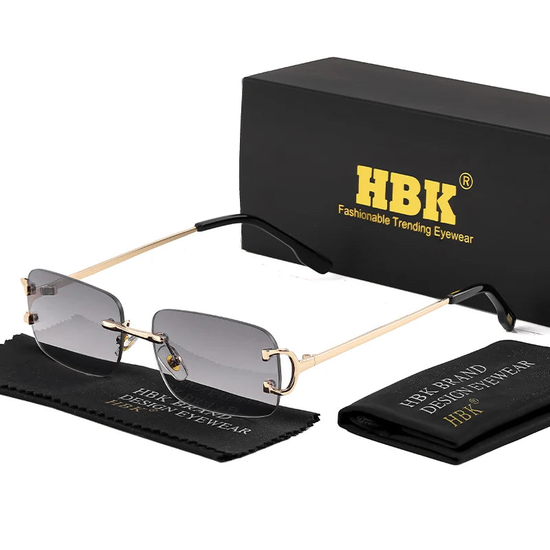 HBK gafas de sol Retro sin montura para mujeres y hombres, montura cuadrada pequeña dorada, diseño de marca, tonos de té, gafas rectangulares UV400 Zonnebril
